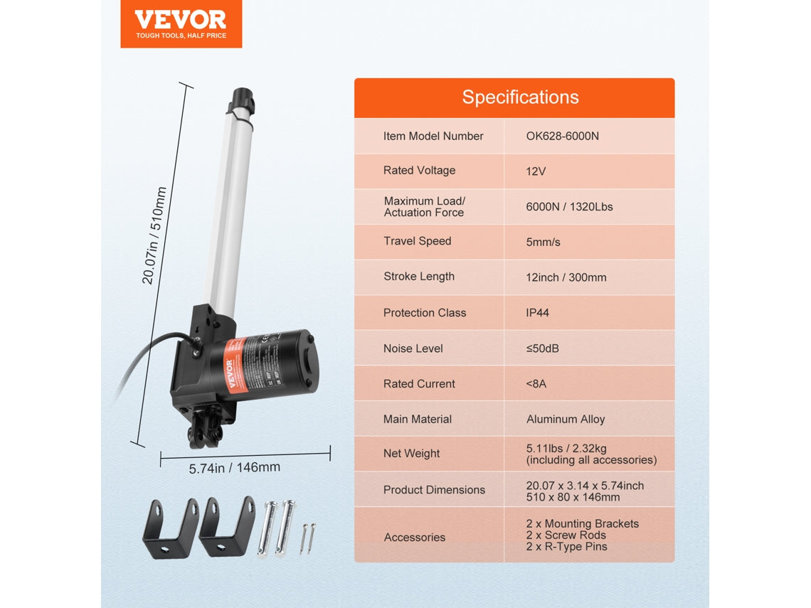 12V elektriskt linjärställdon 6000N – 100–400 mm slaglängd