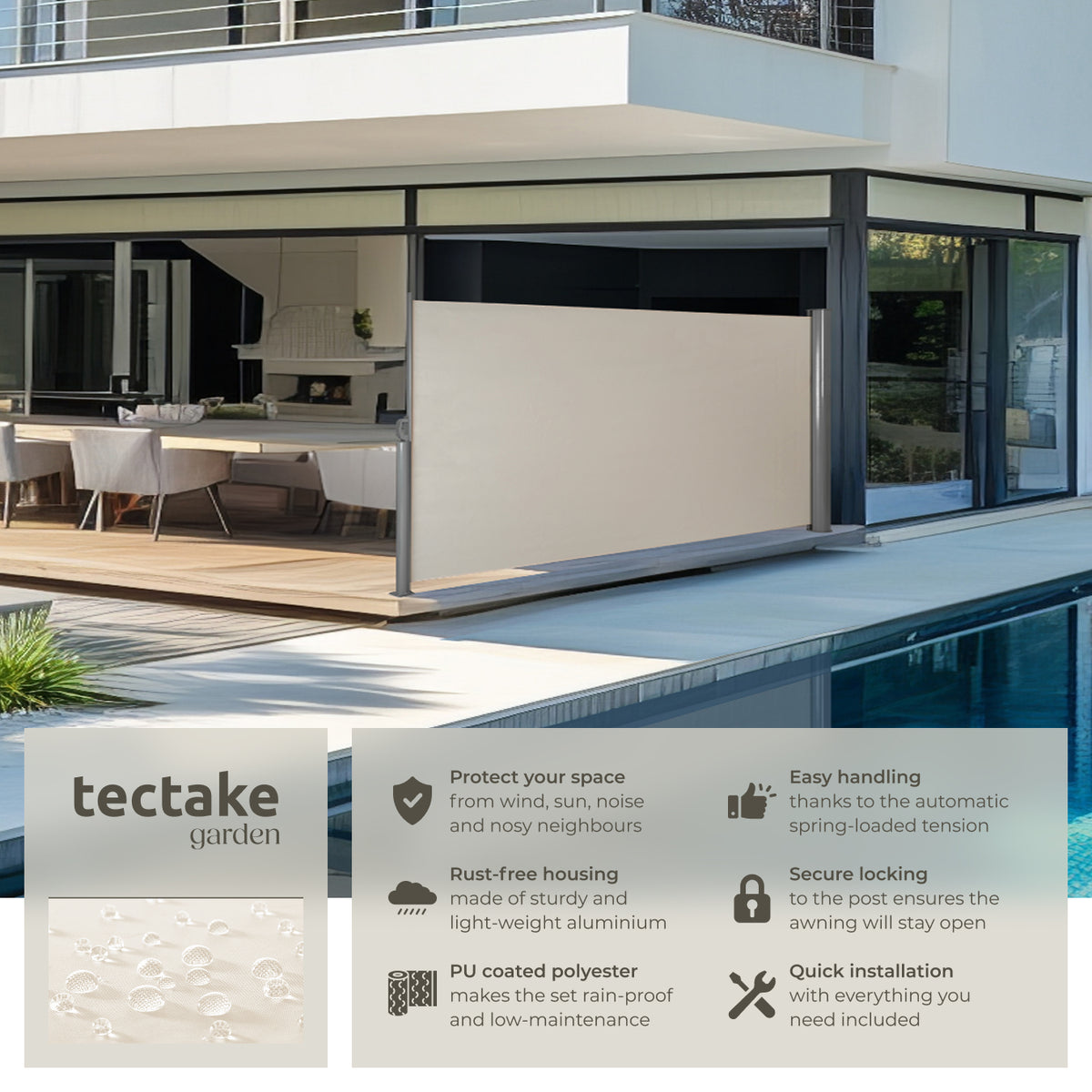 Garden Privacy Screen with retractable side awning and aluminium casing