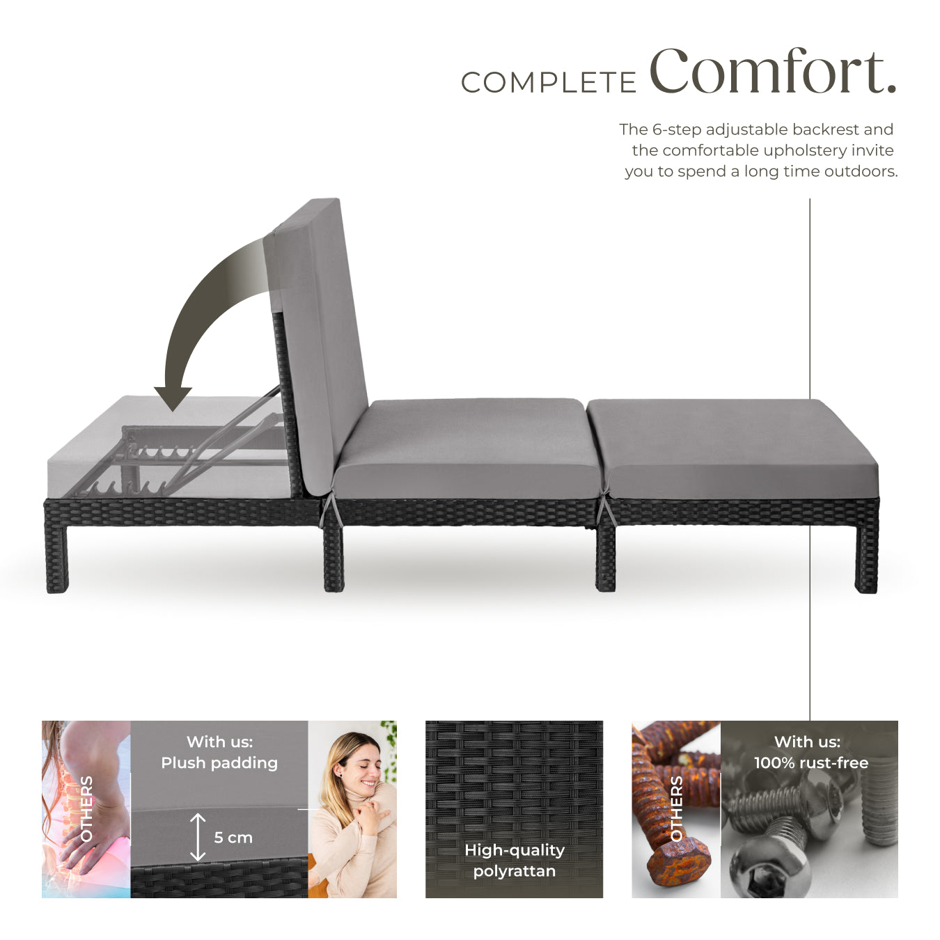 Sun Lounger Sofia - 6-step adjustable backrest, thick padding, UV-resistant