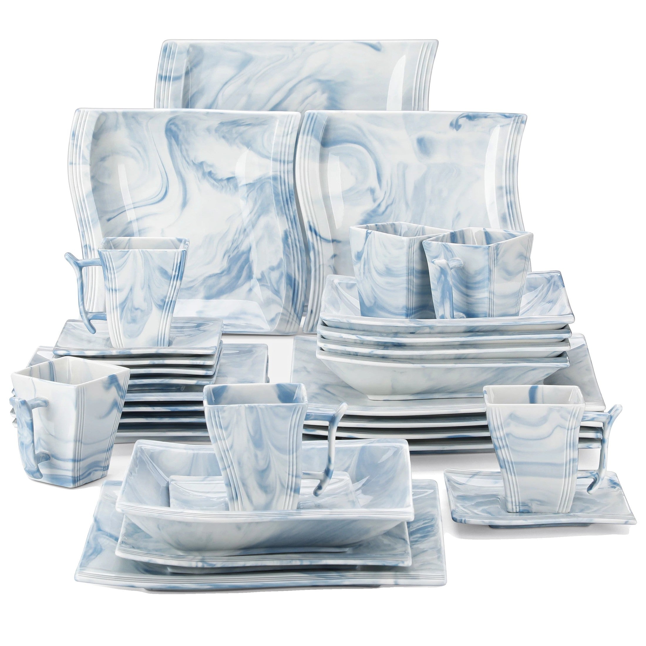 Dinnerware Set, Marble Pattern, Microwave and Dishwasher Safe, Blue, 30 Pieces