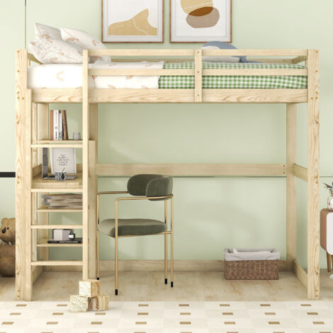 Loft Bed with Storage Shelves and Desk, Natural Pine, 140 x 190 cm