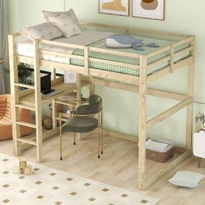 Loft Bed with Storage Shelves and Desk, Natural Pine, 140 x 190 cm