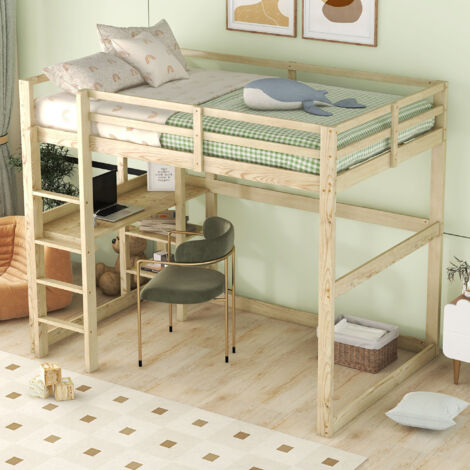 Loft Bed with Storage Shelves and Desk, Natural Pine, 140 x 190 cm