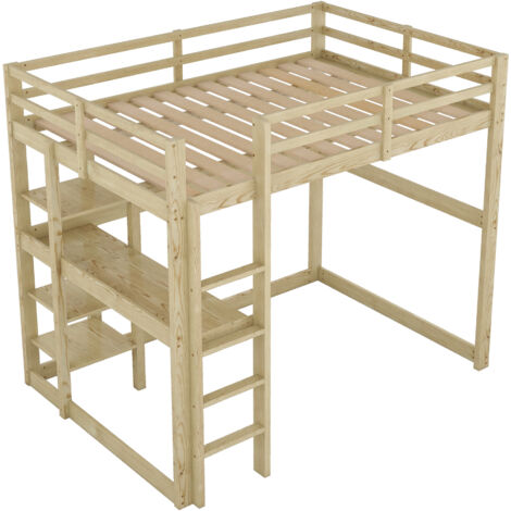 Loft Bed with Storage Shelves and Desk, Natural Pine, 140 x 190 cm