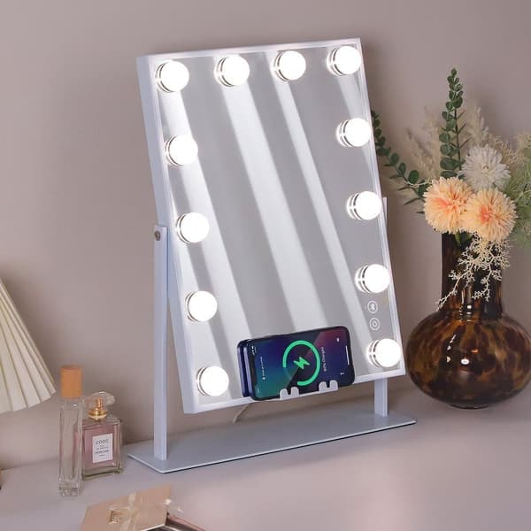 Fenchilin Hollywood Makeup Mirror with Lights, Bluetooth, Wireless Charging, White, 30 x 41 cm