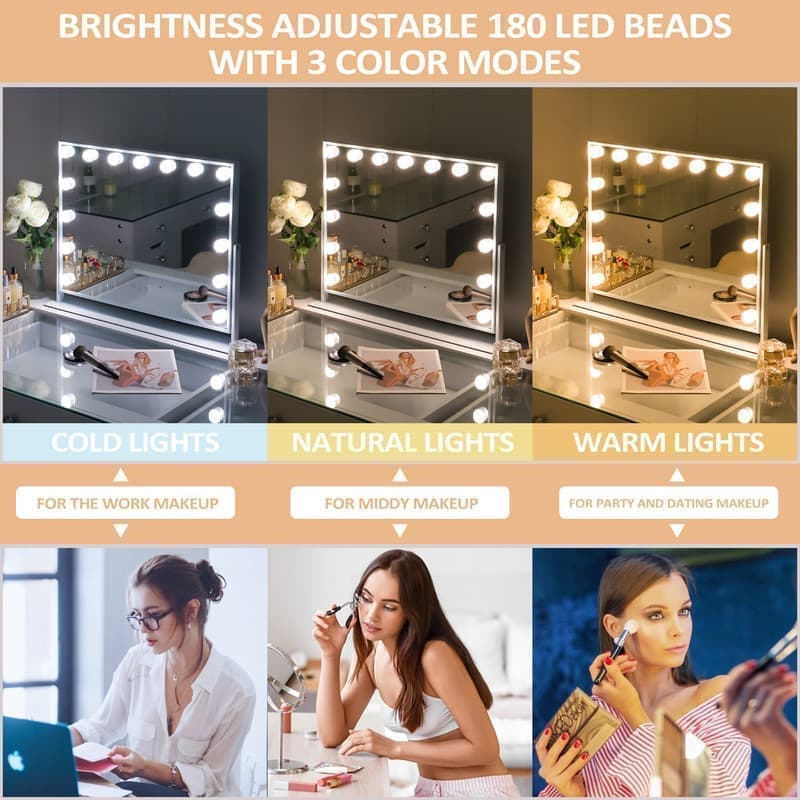 Fenchilin Hollywood makeup mirror with lights, 360° rotating tabletop and magnifying glass, white 65 x 49 cm