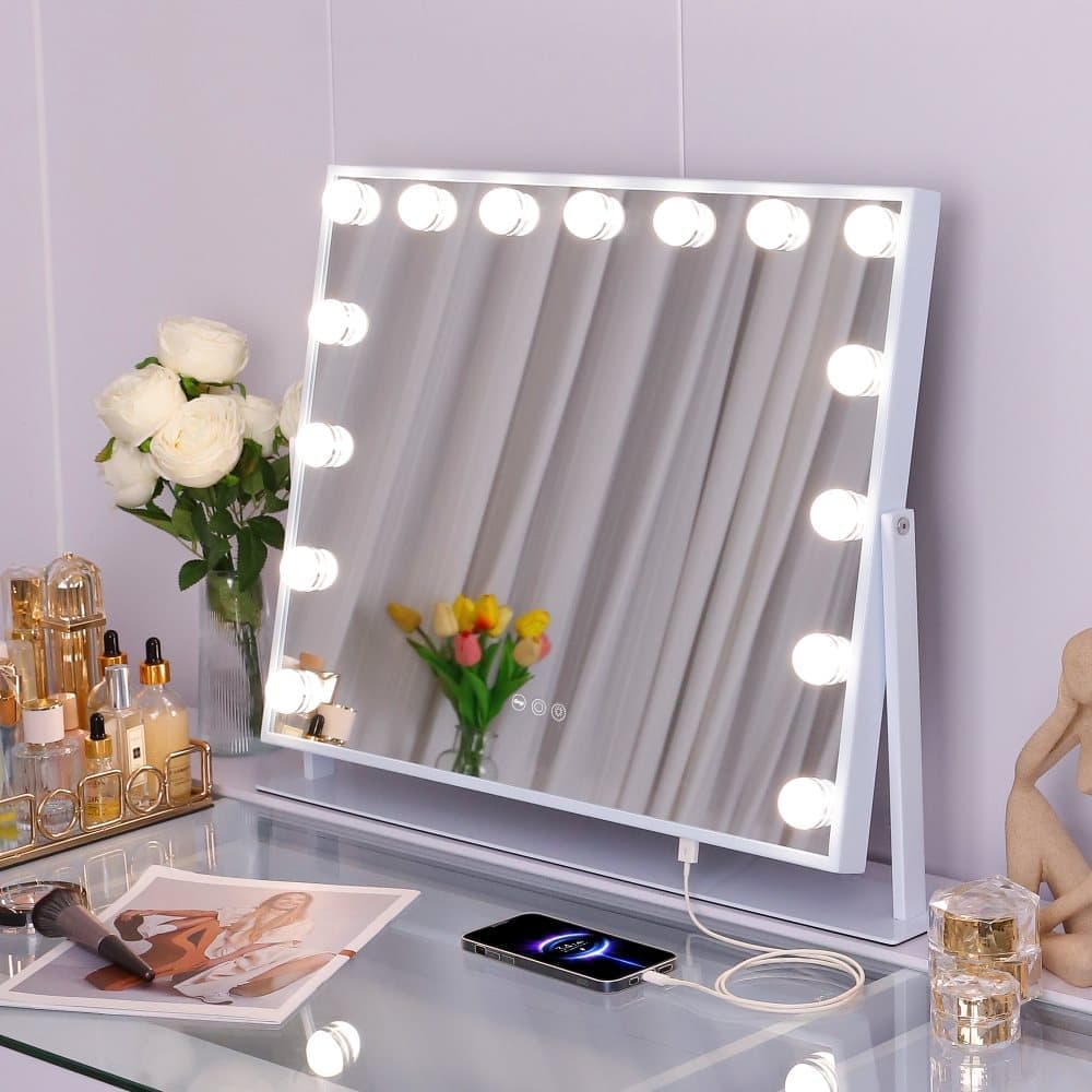 Fenchilin Hollywood makeup mirror with lights, 360° rotating tabletop and magnifying glass, white 65 x 49 cm