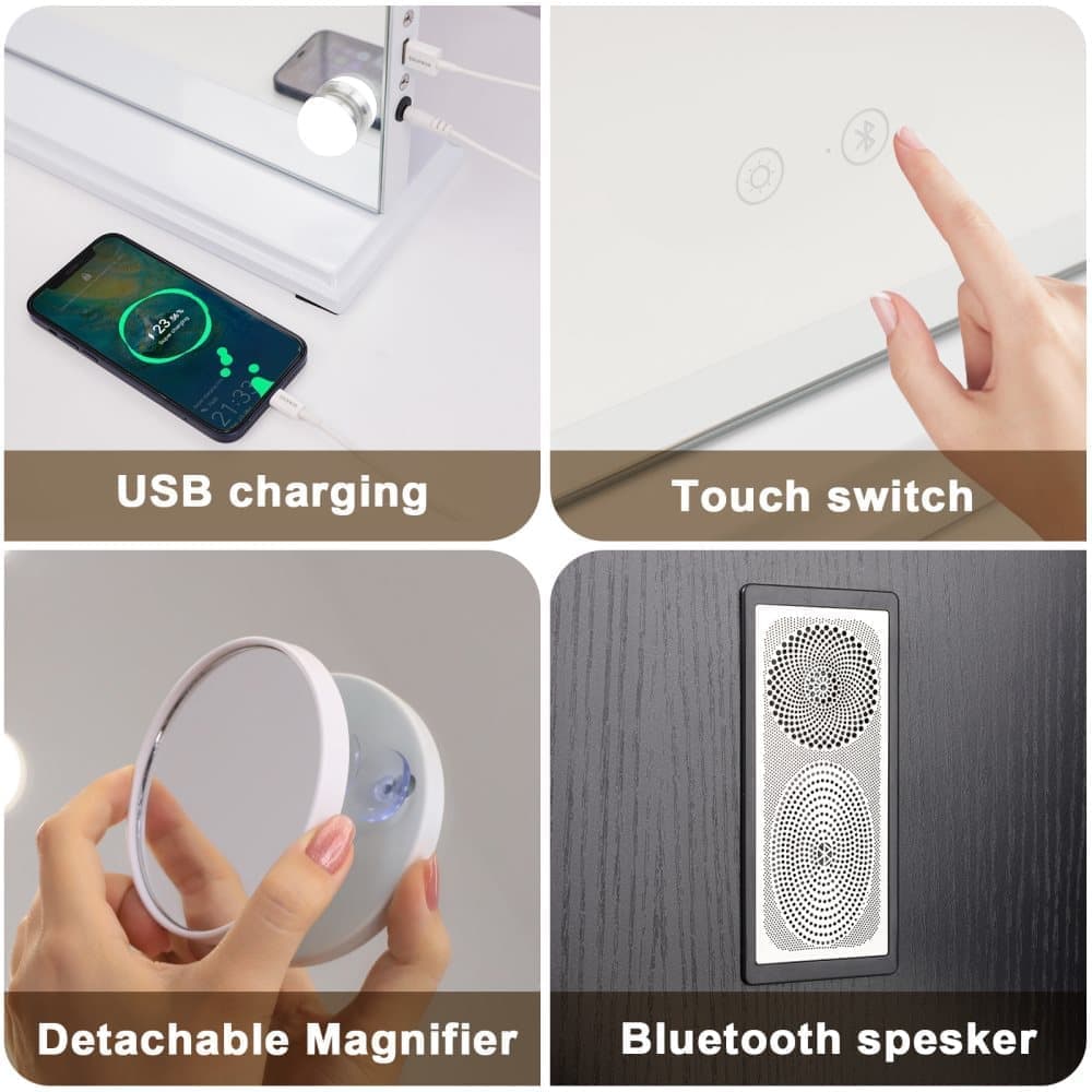 Fenchilin Large Hollywood Makeup Mirror with Lamps, Bluetooth Table Top, Wall Mount, White 80 x 58 cm