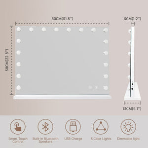 Fenchilin Large Hollywood Makeup Mirror with Lamps, Bluetooth Table Top, Wall Mount, White 80 x 58 cm