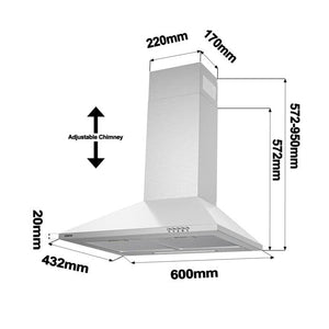 CIARRA Decorative Hood 60cm A++ 2 Carbon Filters 370m³/h Recirculation or Extraction 3 Speeds INOX