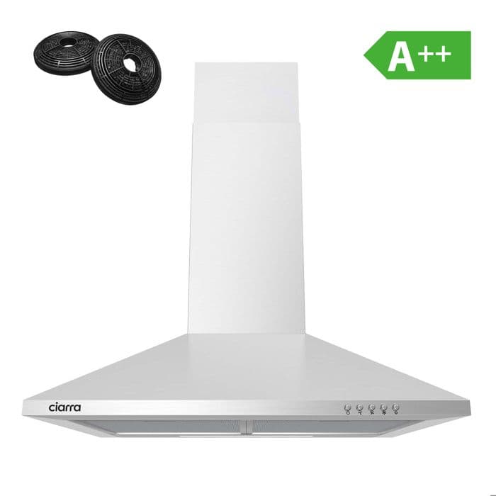 CIARRA Decorative Hood 60cm A++ 2 Carbon Filters 370m³/h Recirculation or Extraction 3 Speeds INOX