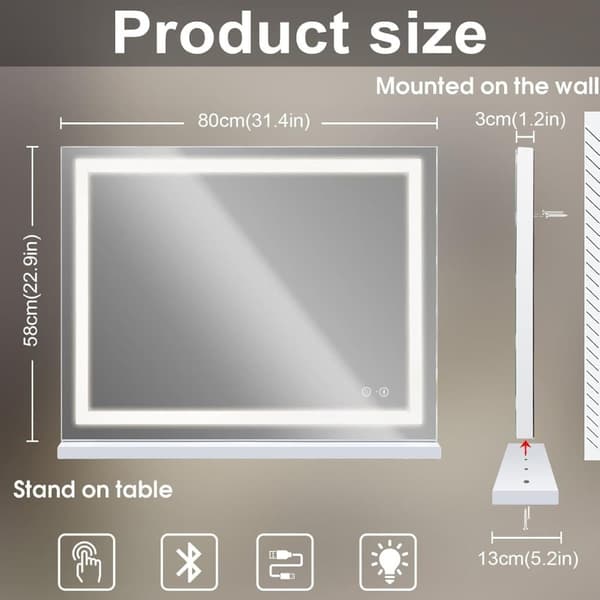 Fenchiliin Large Hollywood Makeup Mirror with Lights and Crystal Finish, White 80x58 cm