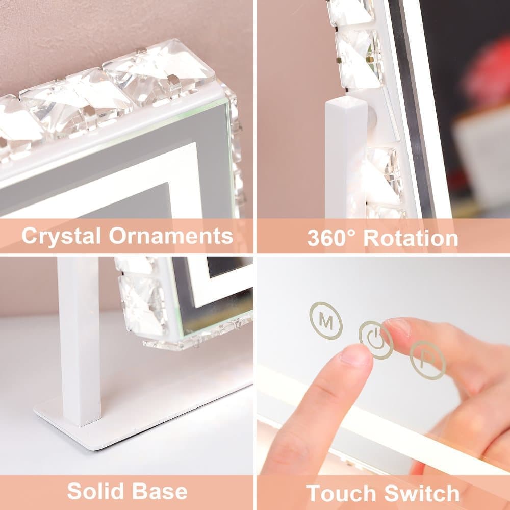 Fenchilin Hollywood Makeup Mirror with Lights and Sparkling Crystal Embellishment, White 25 x 30cm