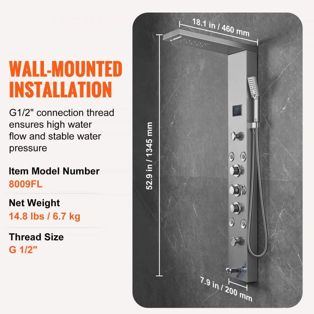 Shower Panel Tower System, 6 Modes, Hydropower, LED, Stainless Steel