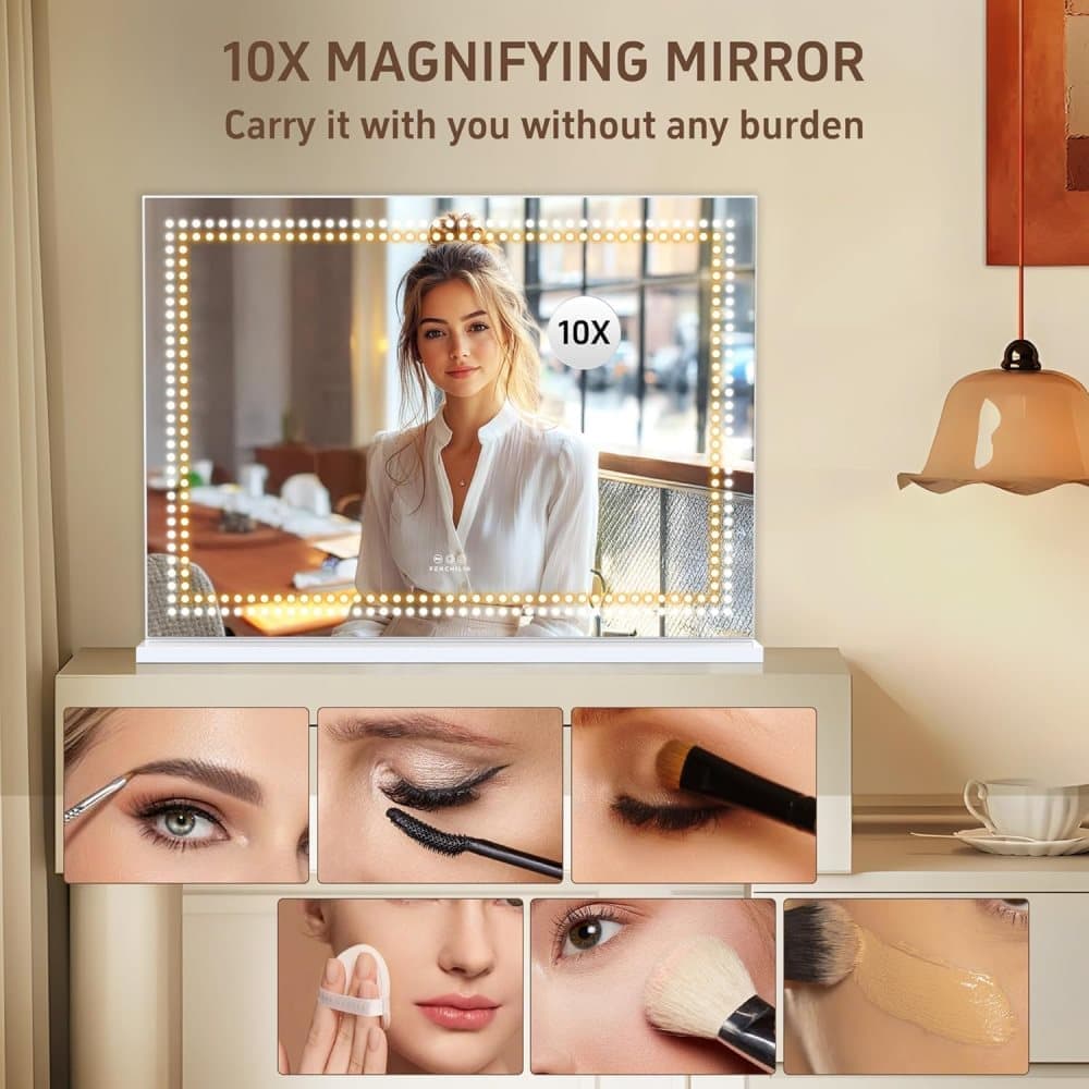 Fenchilin Large Mirror Hollywood Makeup Mirror with Lighting, USB, Countertop and Wall Mount, 80 x 58 cm
