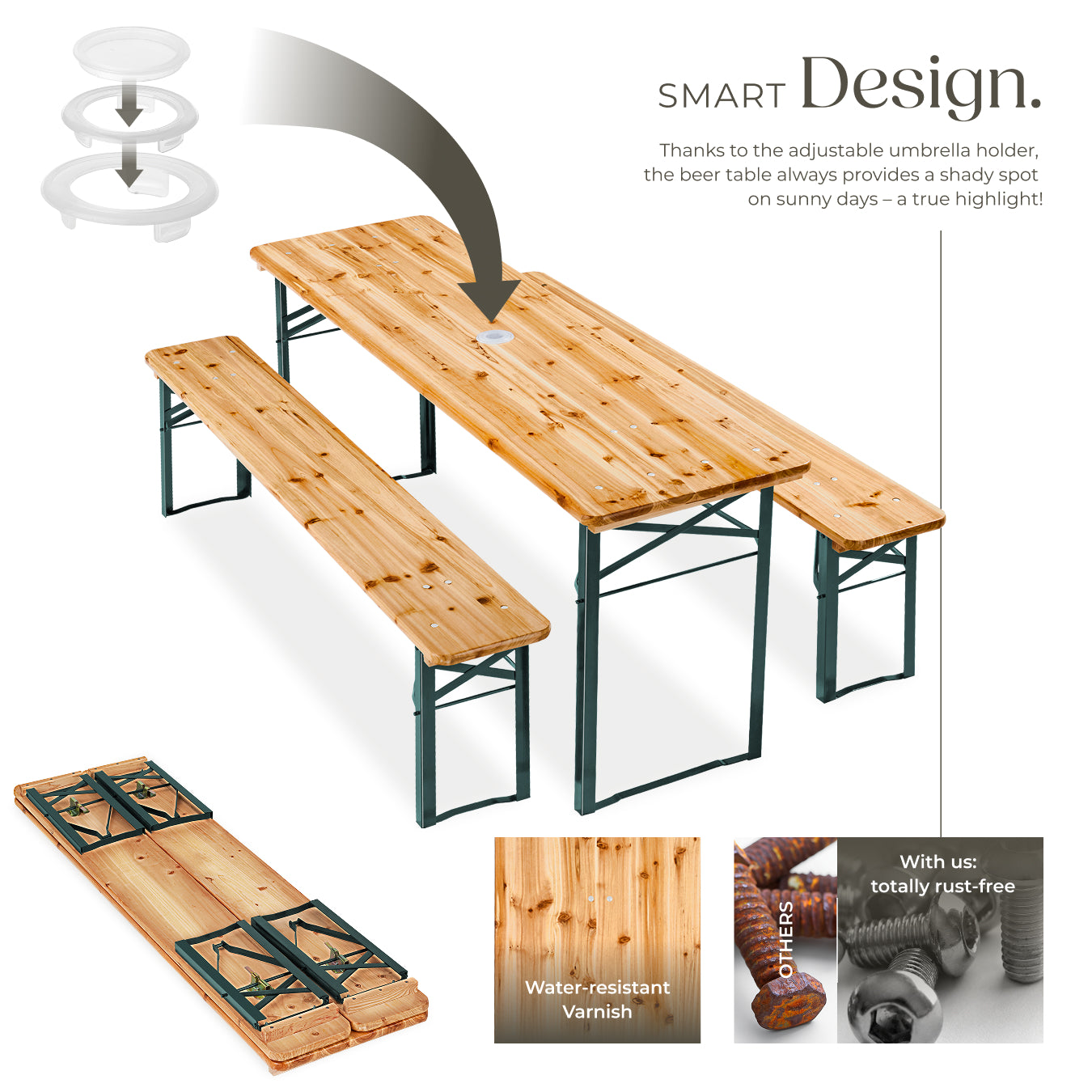 Picnic Table and Bench Set Ludwig - 2 benches, table with parasol holder, foldable 