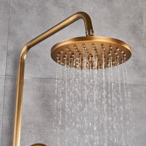 8" Round Bathroom Shower Set, Antique Brass Wall Mounted Faucet with Hand Shower, Double Handles, Adjustable Height, FTIE1