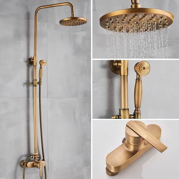 8" Round Bathroom Shower Set, Antique Brass Wall Mounted Faucet with Hand Shower, Double Handles, Adjustable Height, FTIE1