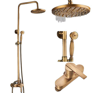8" Round Bathroom Shower Set, Antique Brass Wall Mounted Faucet with Hand Shower, Double Handles, Adjustable Height, FTIE1