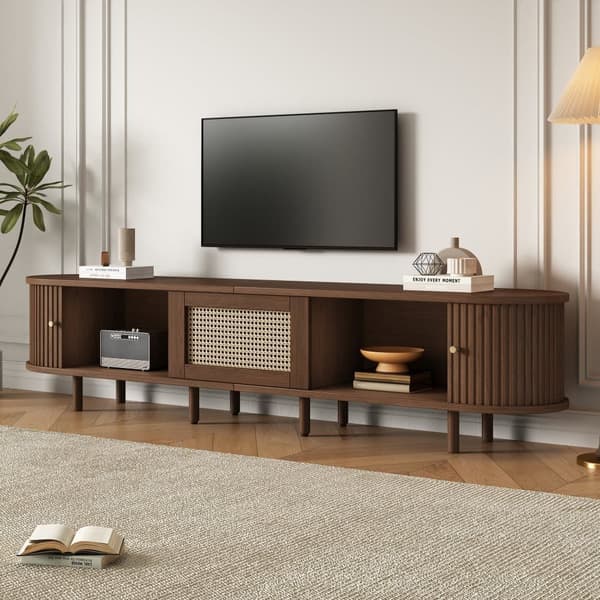 Oval TV Bench in Dark Walnut with Rattan Design – 180 cm MDF, Adjustable Legs, Max Weight 30 kg