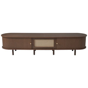Oval TV Bench in Dark Walnut with Rattan Design – 180 cm MDF, Adjustable Legs, Max Weight 30 kg