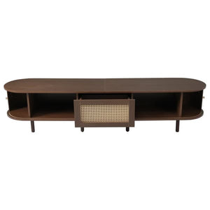 Oval TV Bench in Dark Walnut with Rattan Design – 180 cm MDF, Adjustable Legs, Max Weight 30 kg