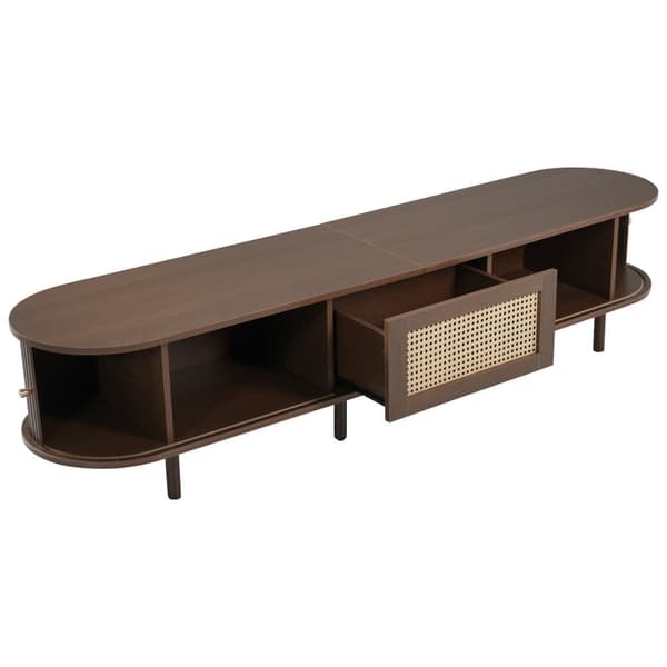 Oval TV Bench in Dark Walnut with Rattan Design – 180 cm MDF, Adjustable Legs, Max Weight 30 kg