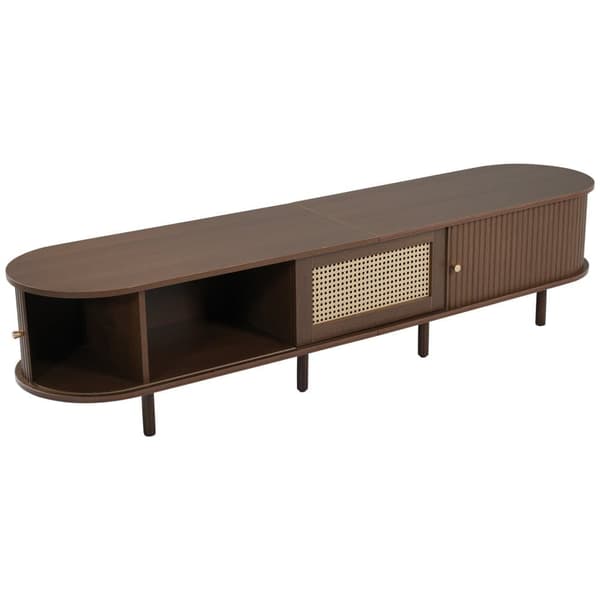 Oval TV Bench in Dark Walnut with Rattan Design – 180 cm MDF, Adjustable Legs, Max Weight 30 kg