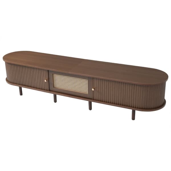 Oval TV Bench in Dark Walnut with Rattan Design – 180 cm MDF, Adjustable Legs, Max Weight 30 kg