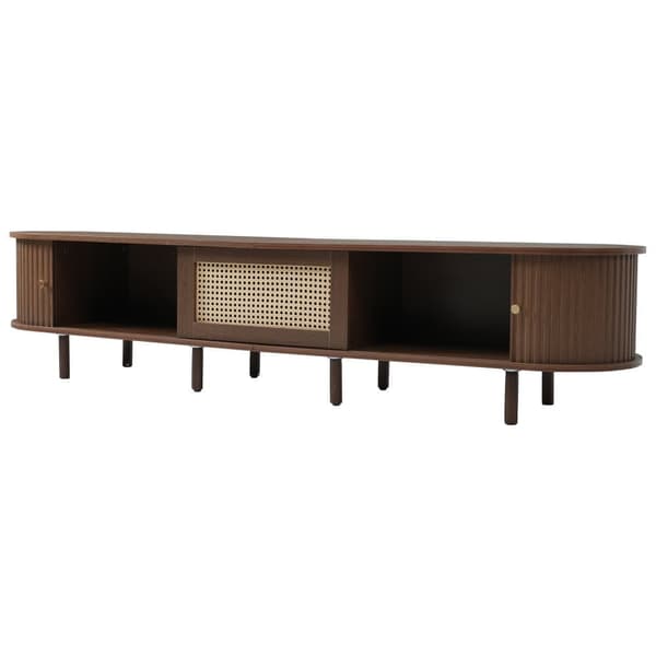 Oval TV Bench in Dark Walnut with Rattan Design – 180 cm MDF, Adjustable Legs, Max Weight 30 kg