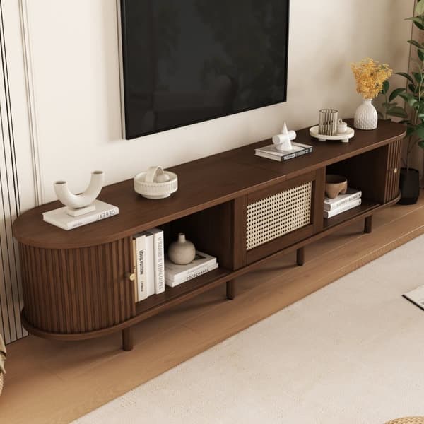 Oval TV Bench in Dark Walnut with Rattan Design – 180 cm MDF, Adjustable Legs, Max Weight 30 kg