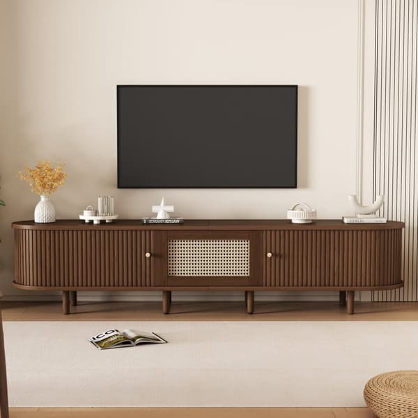 Oval TV Bench in Dark Walnut with Rattan Design – 180 cm MDF, Adjustable Legs, Max Weight 30 kg