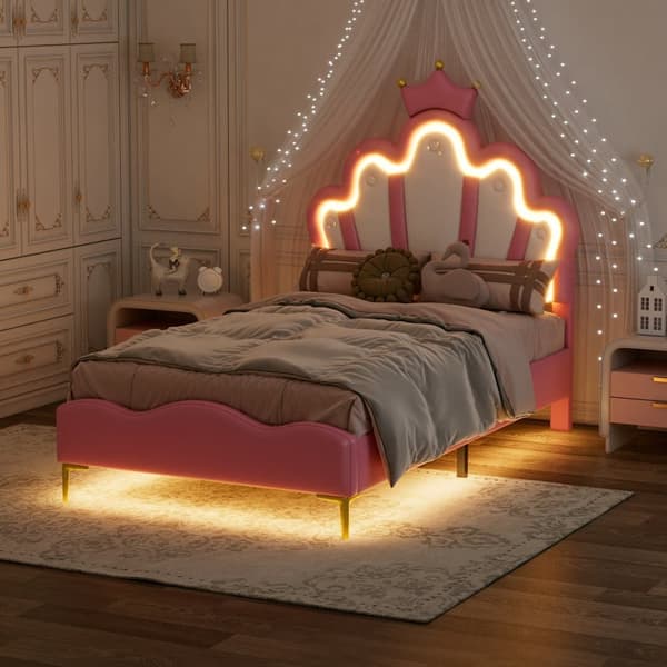 Children's Bed 90x200cm with LED - Princess Bed with Faux Leather Cushions - Pink