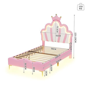 Children's Bed 90x200cm with LED - Princess Bed with Faux Leather Cushions - Pink