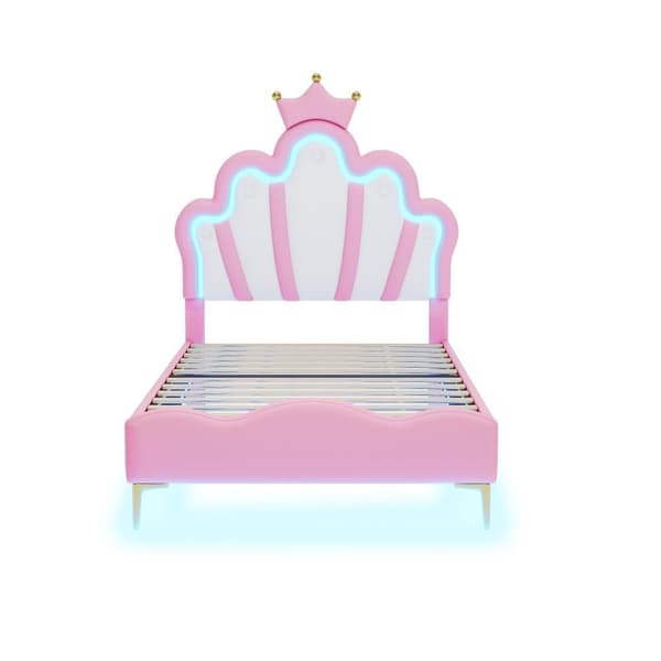 Children's Bed 90x200cm with LED - Princess Bed with Faux Leather Cushions - Pink