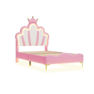 Children's Bed 90x200cm with LED - Princess Bed with Faux Leather Cushions - Pink