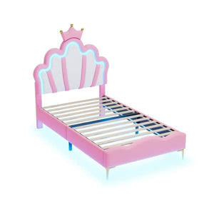 Children's Bed 90x200cm with LED - Princess Bed with Faux Leather Cushions - Pink