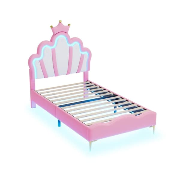 Children's Bed 90x200cm with LED - Princess Bed with Faux Leather Cushions - Pink