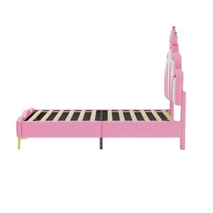 Children's Bed 90x200cm with LED - Princess Bed with Faux Leather Cushions - Pink