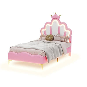 Children's Bed 90x200cm with LED - Princess Bed with Faux Leather Cushions - Pink
