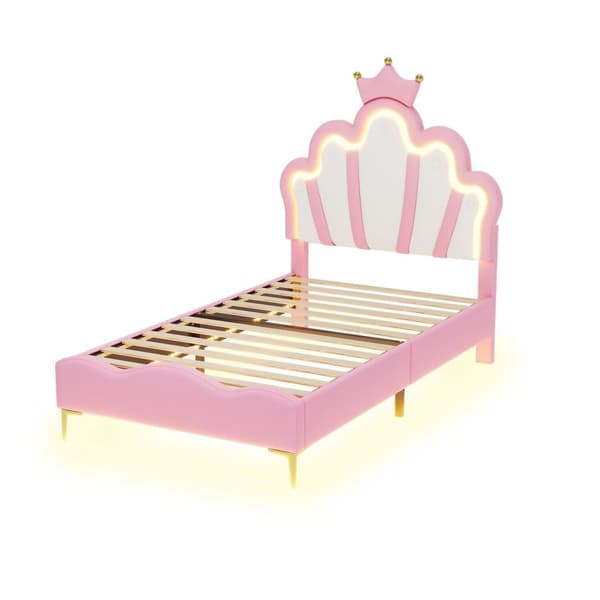 Children's Bed 90x200cm with LED - Princess Bed with Faux Leather Cushions - Pink
