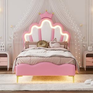 Children's Bed 90x200cm with LED - Princess Bed with Faux Leather Cushions - Pink