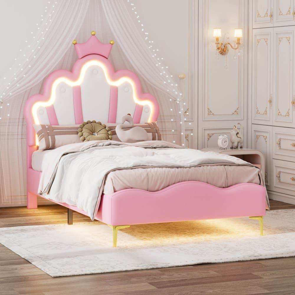 Children's Bed 90x200cm with LED - Princess Bed with Faux Leather Cushions - Pink
