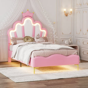 Children's Bed 90x200cm with LED - Princess Bed with Faux Leather Cushions - Pink