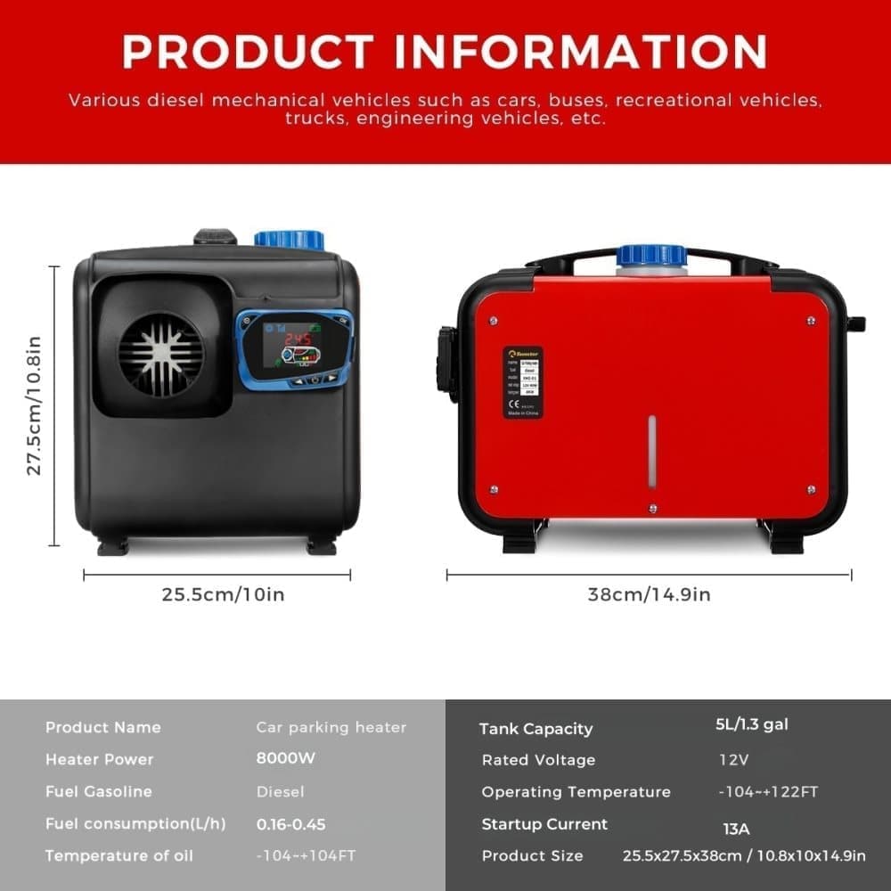 Sunster 8KW Diesel Air Heater with LCD Display & Remote Control, 12V, 5L Tank, for Car, Truck, Van, Boat