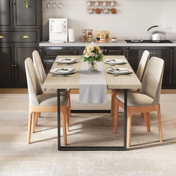 Dining Table Wood with Metal Frame, 160x80 cm for 6-8 People, Light Finish