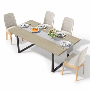 Dining Table Wood with Metal Frame, 160x80 cm for 6-8 People, Light Finish