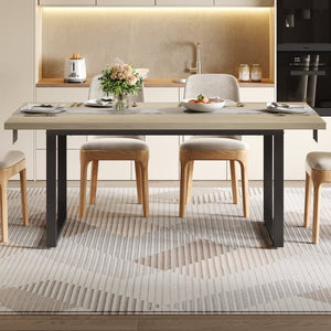 Dining Table Wood with Metal Frame, 160x80 cm for 6-8 People, Light Finish