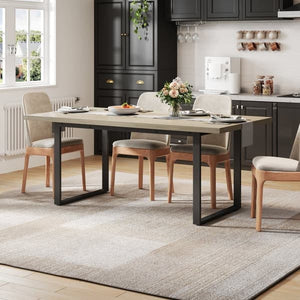 Dining Table Wood with Metal Frame, 160x80 cm for 6-8 People, Light Finish