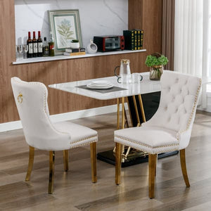 Set of 2 Dining Chairs from Nikki Collection, Beige Velvet Upholstery with Tufted Back, Gold-Chromed Legs and Decorative Rivets